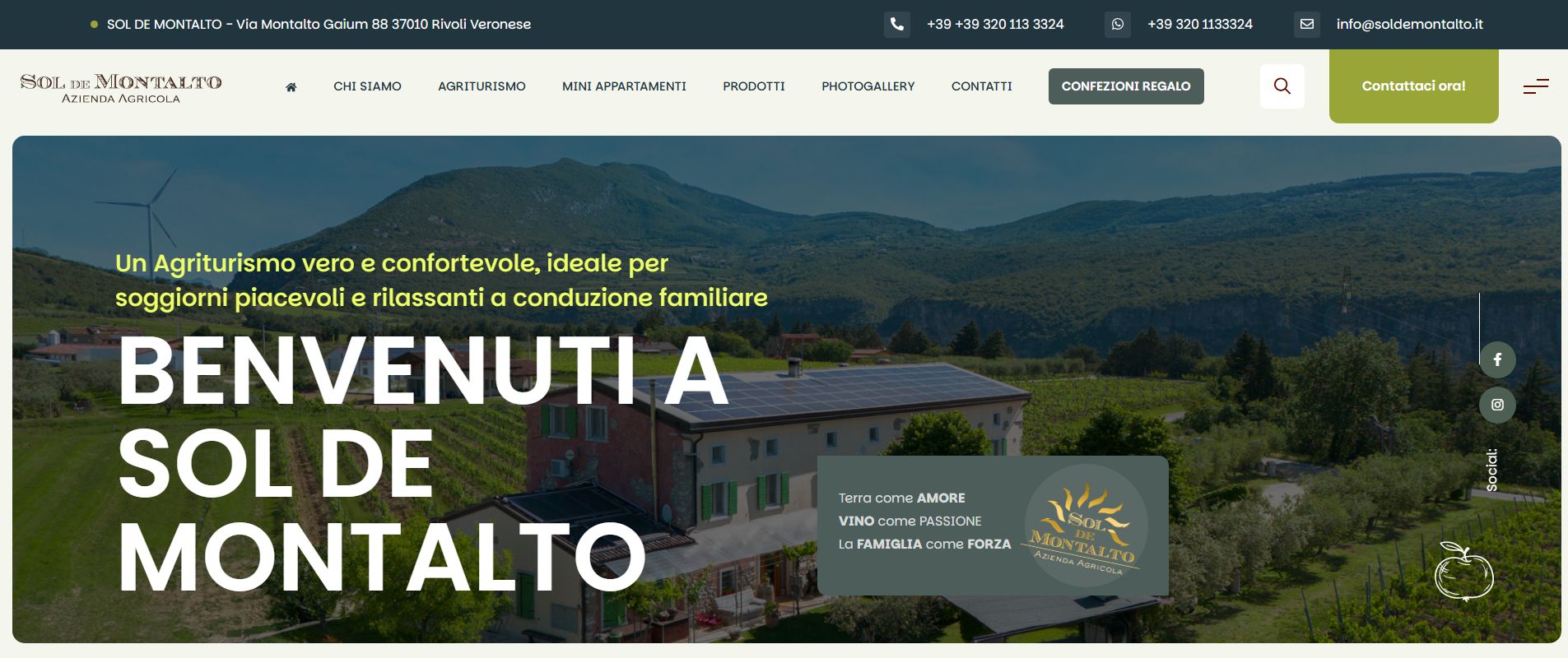 Schermata reale della homepage del sito Sol de Montalto, con navigazione e immagine della tenuta